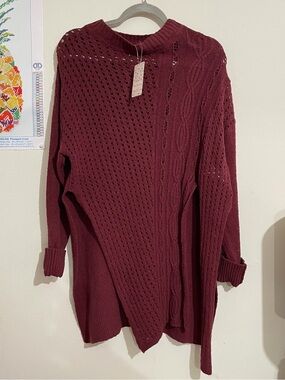 Free People Cable & Open-Knit Asymmetric Split Hem Sweater Burgundy Size Medium